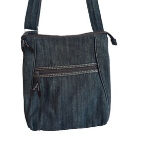 THIRTY-ONE ~ Stylish Dark Wash Denim Crossbody Bag w/Brown White Stripes Lining